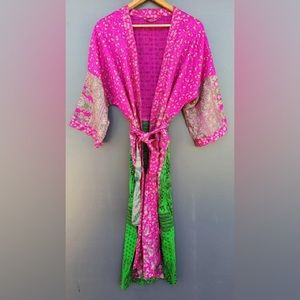 Women's Upcycle Sari Robe Pink Green One Size